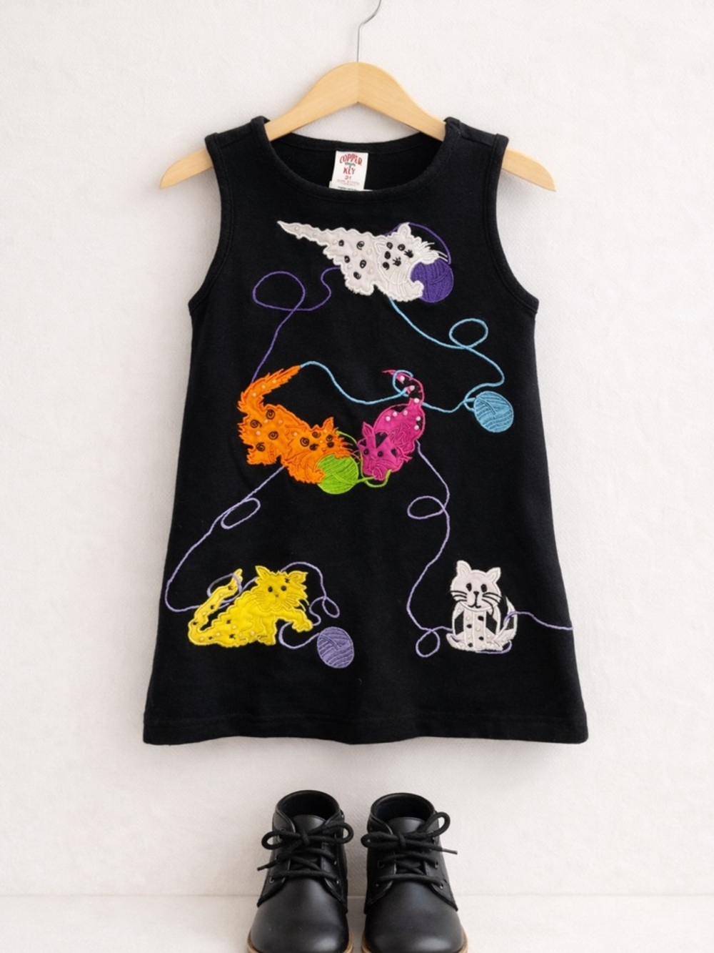 Copper Key Black Tank Dress with Colorful Kitten Embroidery